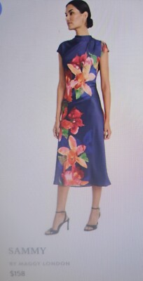 NEW Maggy London Floral Silk-Like Bias Cut Women's Dress in Navy or Black Sz 10