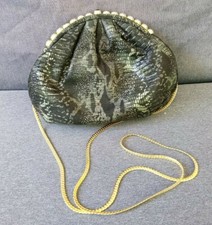Vintage Faux Black Cloth Snake Skin Purse With Rhinestone Top and Gold Chain