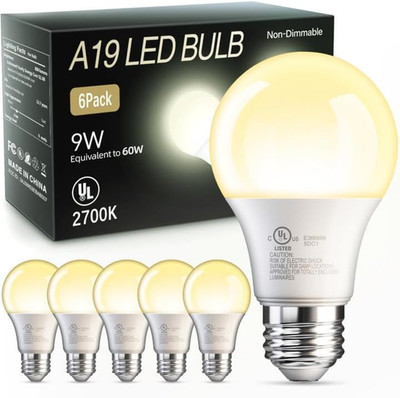 6 Pack A19 LED Light Bulbs, 60 Watt Equivalent LED Bulb, Soft Warm White 2700K,