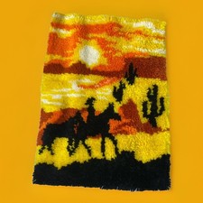 Vtg MCM Horse Sunset Latch Hook Rug Wall Hanging Completed 70s - 27  X 20  