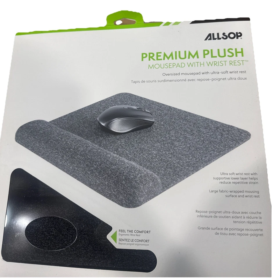 Плюшевый коврик для мыши Allsop премиум-класса с подставкой для запястья, серый, 11,8 дюйма x 11,6 дюйма - Изображение 2 из 4