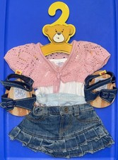 Build A Bear Outfit - Blue Jean Denim Skirt White Top Pink Cardigan with Sandals