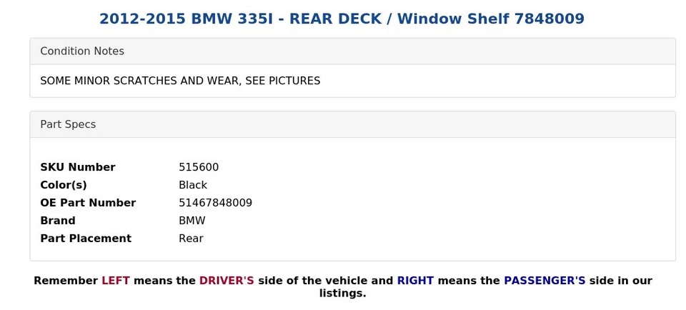 BMW 335I 2012-2015 - cubierta trasera/estante ventana 7848009 Foto 4 de 4