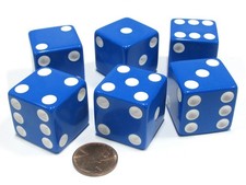 Set of 6 D6 25mm Large Opaque Jumbo Dice - Blue with White Pip