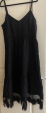 LOFT Black Linen Maxi Dress Boho Peasant Beach Resort Party SZ 14 Straps Lace 