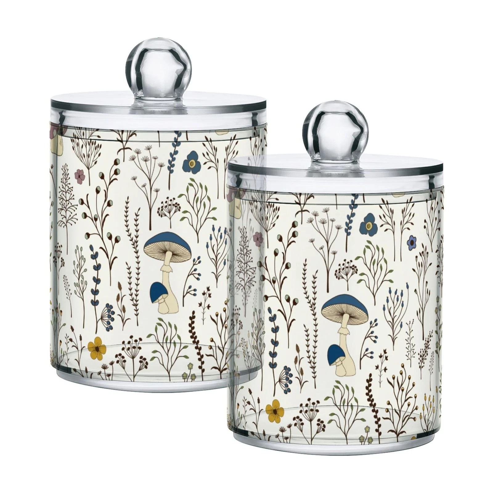 Mushroom Qtip Holder with Lid,2Pack Clear Plastic Apothecary Jars Bathroom St...