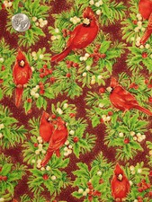 Christmas Cardinal Birds Green Foliage Gold Gild Cotton Fabric VIP Magic By Yard