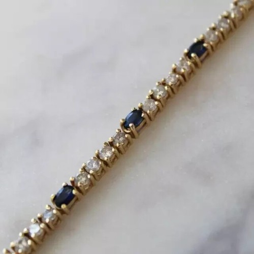 14K Yellow Gold Plated Oval Cut Lab Created Sapphire Women's Tennis Bracelet7.5" - Picture 2 of 4