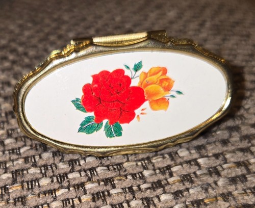 Vintage Lippenstift Tube Halter Ring mit Spiegel Rot Rose Floral Gold Messing Töne - Bild 1 von 5