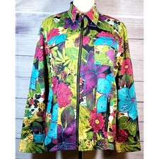 Chico's Jacket Floral Multi Color Size 1 M Zipper Detail Pockets Boho Festive
