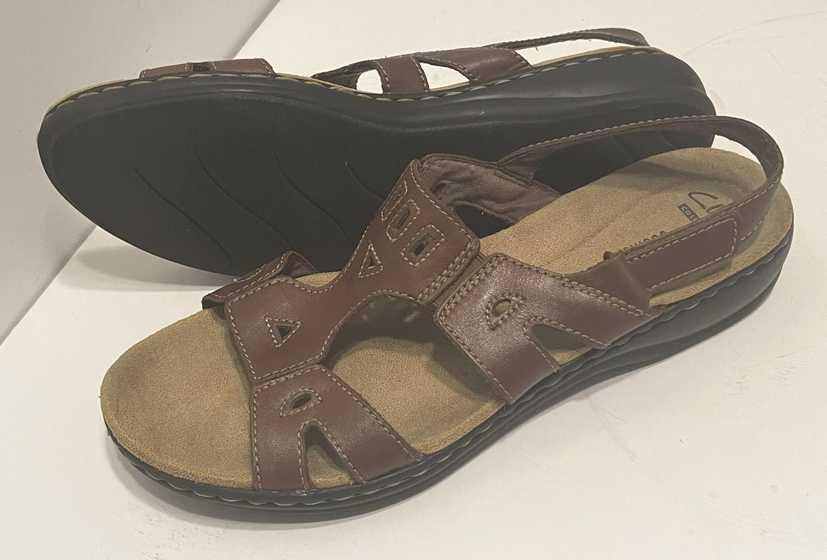 Clarks Collection Soft Cushion Leather Hook Loop Sandals Women s Brown Size 10N
