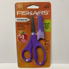 Fiskars Pointed Tip Safety Edge Blade Kids 5 Inch Scissors Sheath Eraser Purple