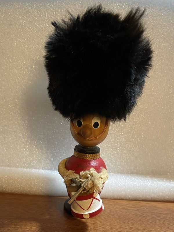 Vintage Wooden Kings Guard Soldier Playing Drum w/ Furry Hat