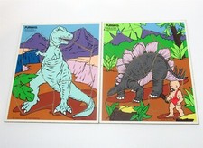 2 Vtg 1980s Playskool Wood Puzzles Dinosaur Tyrannosaurus Caveman Stegosaurus