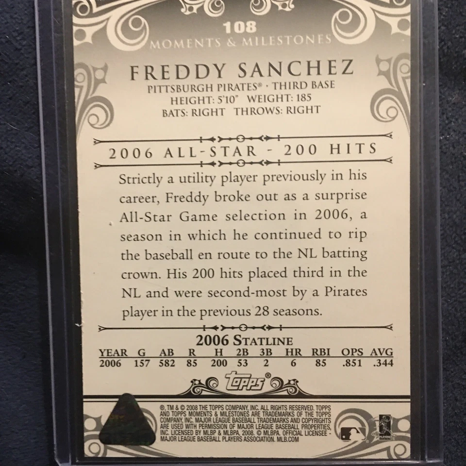 2008 Topps Moments Milestones Freddy Sanchez 148 hits 1 de 1 (1/1) Foto 2 de 4