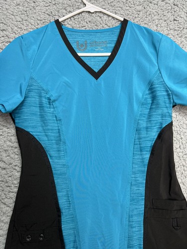 Urbane Performance Womens Scrub Top-Size XSM-teal Blue Black Short Sleeve V Neck - Picture 7 of 11