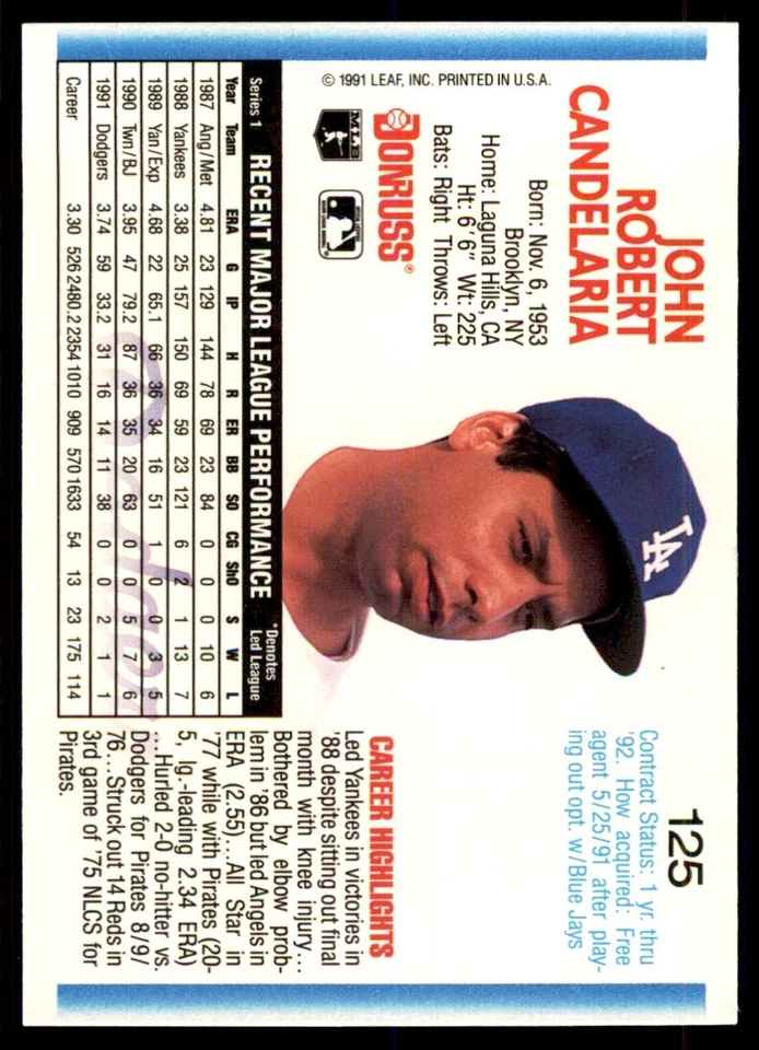 1992 Donruss John Candelaria Los Angeles Dodgers #125 - Image 2 of 2