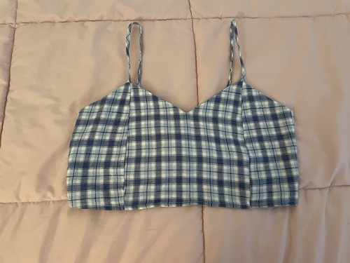 Top Corto Purr Melrose Cuadros Guinga Corbata Trasera Talla Única Azul y Blanco Cuello en V Boho - Imagen 4 de 6