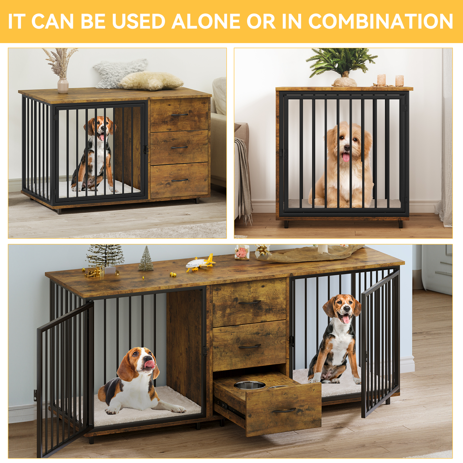 74" Large Double Dog Crate Furniture Indoor Wooden Dog Kennel crate TV Stand