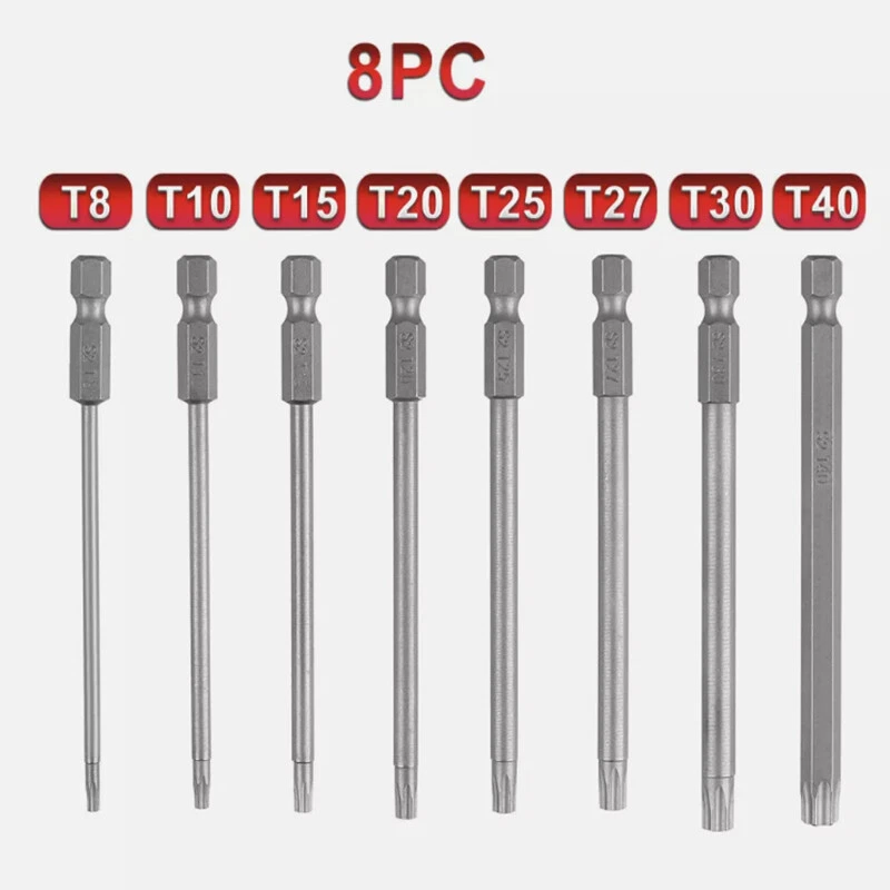 8X Torx Screwdriver Drill Bit Set 100MM Long Hex- T8 T10 T15 T20 T25 T27 T30 T40 - Image 3 of 4