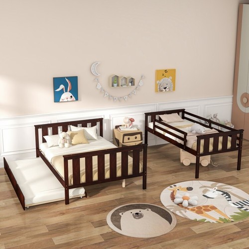 3-in-1 Twin Over Full Bunk Bed Frame Wooden Bed Platform Home W/ Trundle &Ladder - Picture 11 of 14