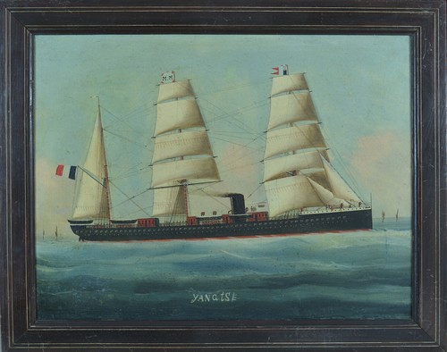 Ancien tableau Portrait de Bateau YANGTSE Messageries Maritimes 19e suiv. Adam