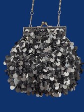 Vintage Evening Bag Metallic Gray Sequin Beaded Bag Silver Chain Strap Purse