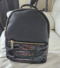 HandbagMad Black Faux Leather Sequin Mini Backpack, Gold Zip rrp £40