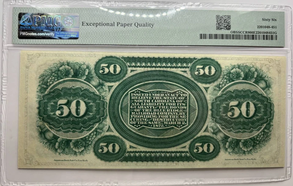 South Carolina 1872 Revenue Scrip $50 PMG 66 EPQ - Image 2 of 2