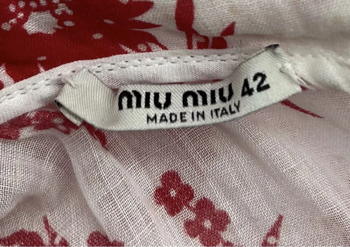 Mini Abito Miu Miu Bianco Rosso Stampa Floreale Vita Smocked Tg 42