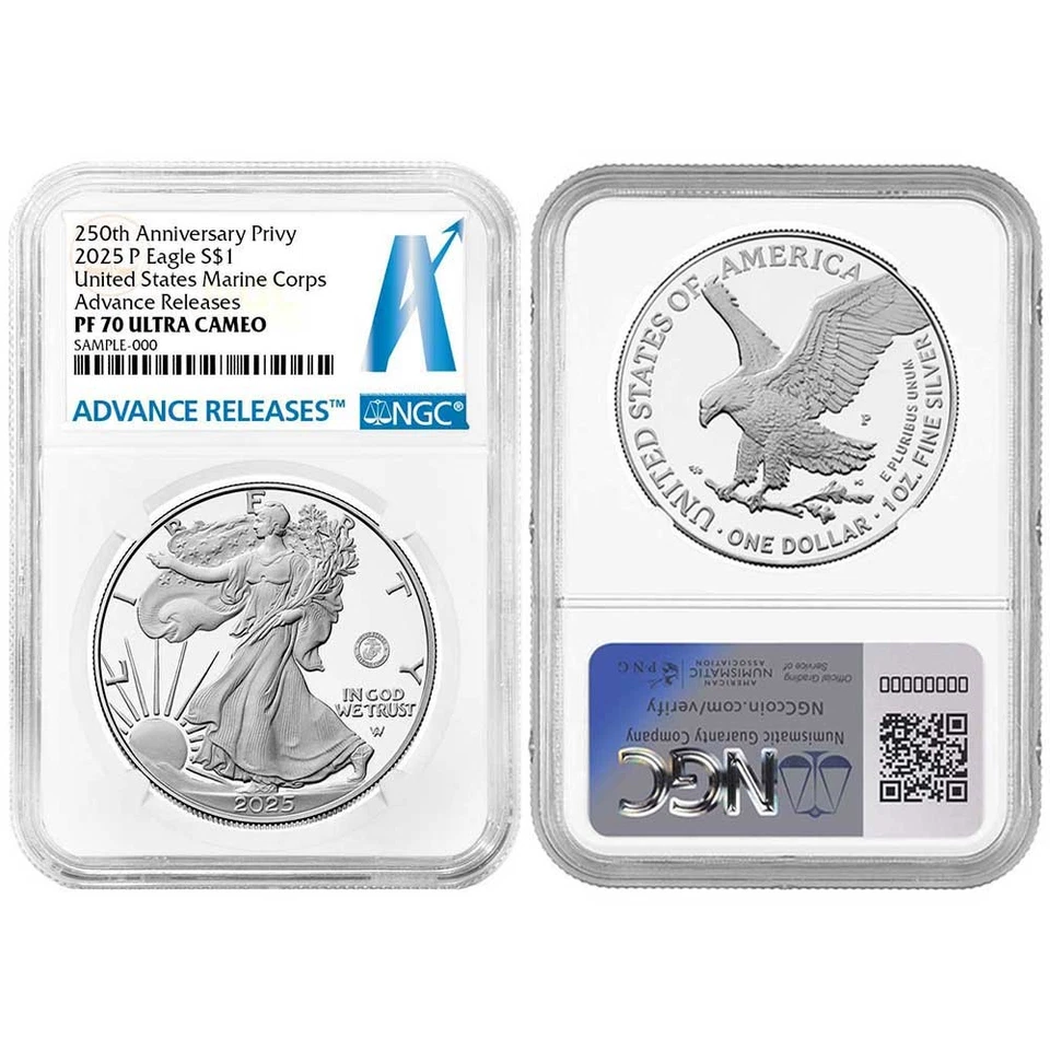Preventa - Prueba 2025-P $1 American Silver Eagle Marine Corps Privy NGC PF70UC Foto 3 de 3