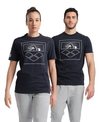 Arena Unisex T-Shirt Logo Cotton  Laufshirt Navy/Weiß M