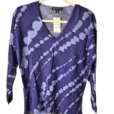 INC Petite Med Blue Tie Dye V-Neck Long Sleeve Lightweight Knit Top