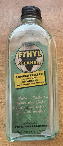 Vintage Ethyl Cleaner Treatment for 30 Quarts In Glass Container Paper Label