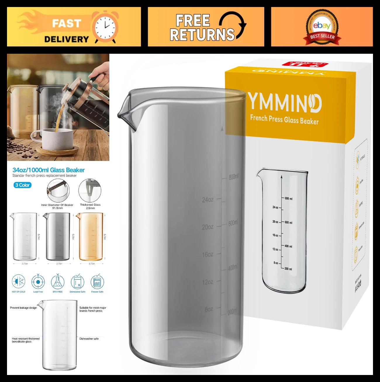 Universal 34 oz French Press Replacement Glass Beaker - Fits Most Coffee Makers,