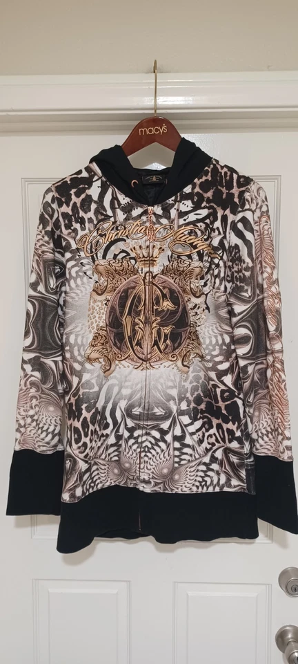 Chaqueta con Capucha Christian Audigier L Blanca TIGRE COBRE ESTRÁS Logo Dorado ¡NEGRO! Foto 3 de 4
