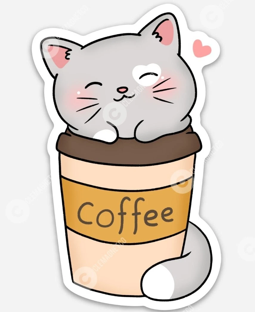 Coffee Cat Kawaii doodle STICKER Vinyl decal Cat and Coffee