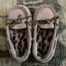 Little GIRLS toddler PINK SUEDE FAUX FUR LINED SLIPPERS SZ 7-8 PREOWNED
