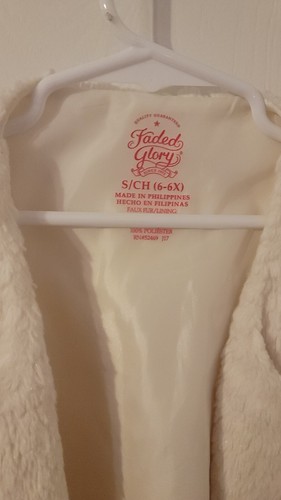 FADED GLORY Girls Youth Size Small 6- 6X Off White Faux Fur Open Front Vest - Picture 10 of 11