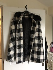 Women's  South Cape Coat Poncho With Fur Hoodie White Black Checked Size 12
