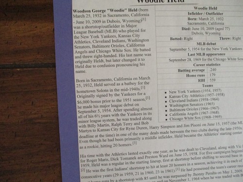 WOODIE HELD(D-2009)Signed Trimmed Index Card w/8 x 11 Display w/1960 Topps/Obit - Picture 7 of 7