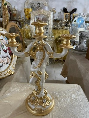 CANDELABRO A FIAMME IN CERAMICA AVORIO E FOGLIA ORO VIA VENETO ARREDO  CASA