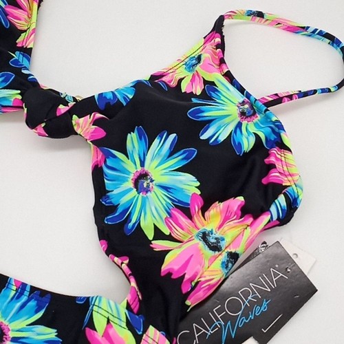California Waves Swimsuit Juniors Large Gerbera Daisy Knotted Cutout One-Piece L - Picture 3 of 11