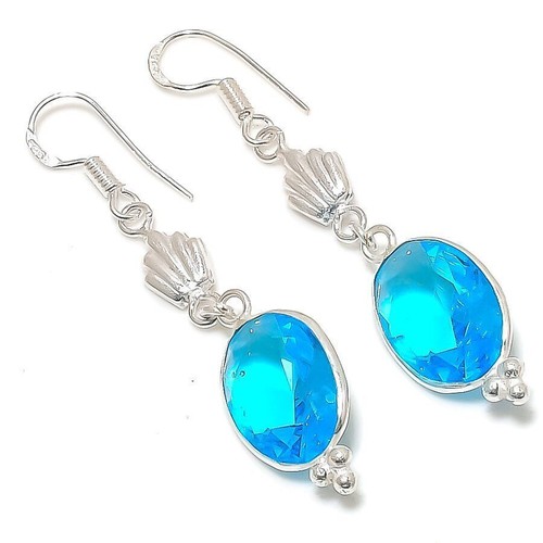 Boucles D'oreilles En Argent 925 Avec Topaze Bleue De Londres - Pierre Naturelle, Fait Main En Inde, 2", Neuf Sans Emballage