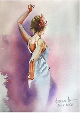 Original Watercolor  signed artist Arman G. Dancing Lady