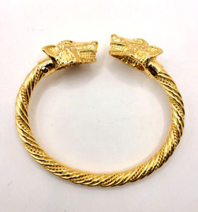 Authentic Wolf Head Gold Plated Men's Cable Bangle Bracelet Cuff
