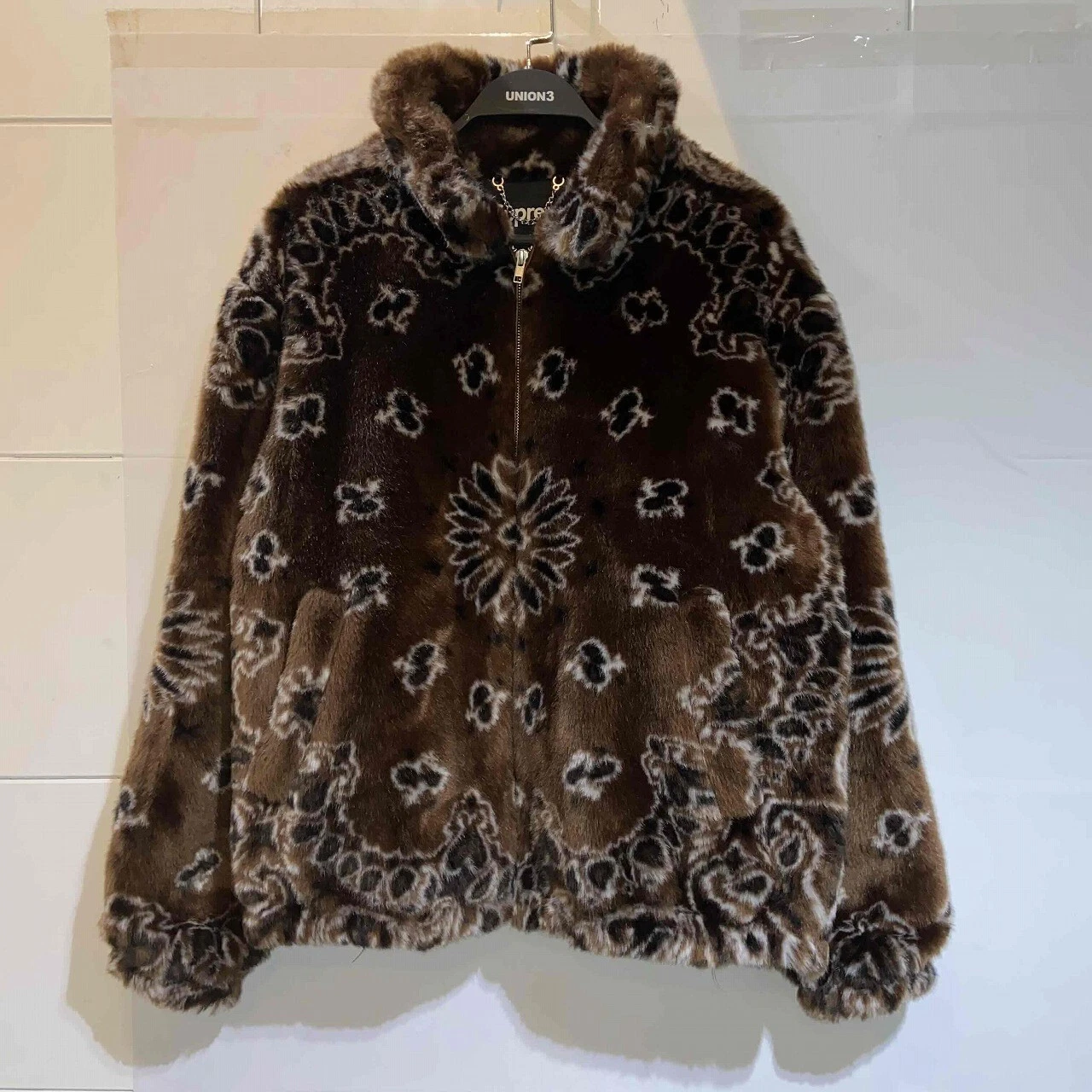 Blouson bomber fausse fourrure marron Supreme 21aw Bandana taille L motif intégral