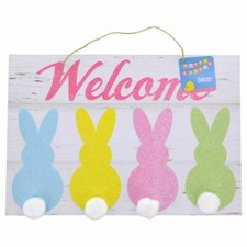 " Welcome " Bunny Cottontail Glittery Wood Easter Wall Door Decoration Decor NWT