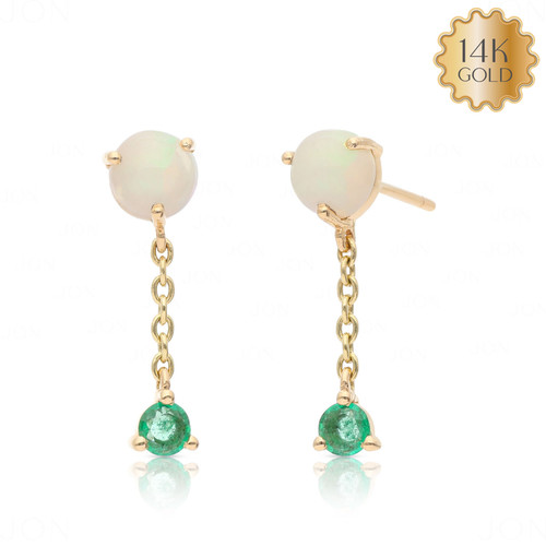 14k Gold Natural White Opal And Emerald Gemstone Chain Drop Earrings-Jewelzofny - Picture 2 of 8