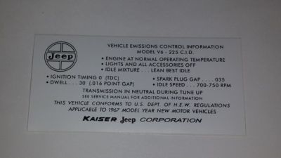 Jeepster/Commando/Jeep CJ5/6 Tune Up Specs/Emissions Decal Dauntless 225 V6 1967